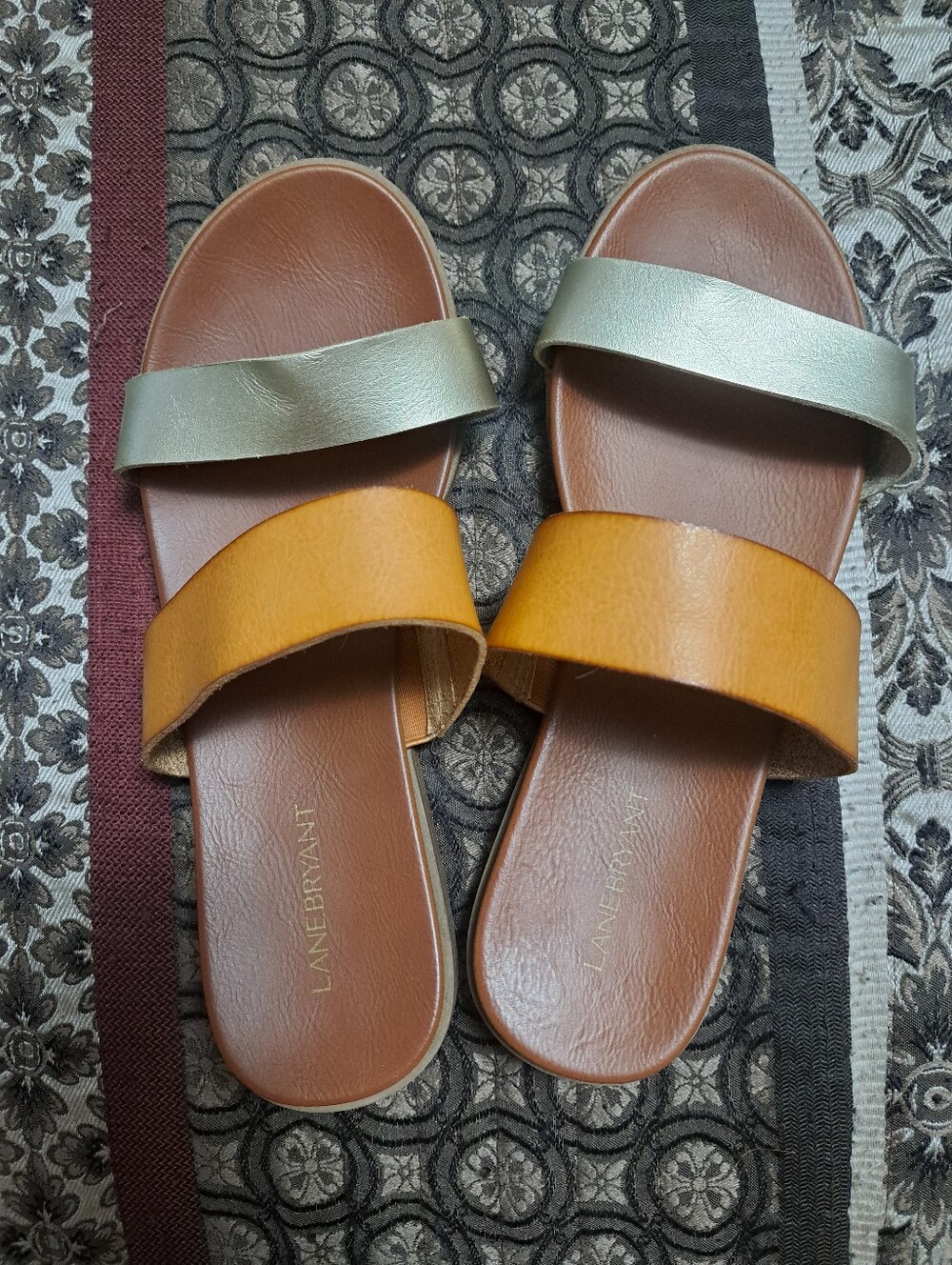 Lane Bryant Two-Band Slide Sandals in Brown, Tan and Metallic Gold 9W